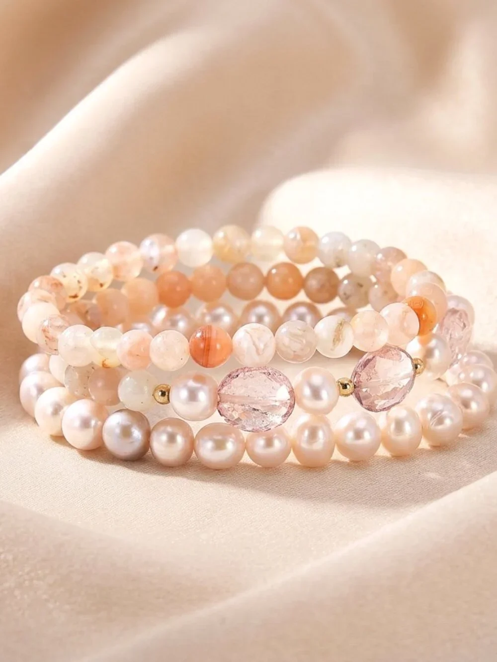 Dainty Bracelet Set, Pearl & Sakura Agate Gemstone Stretch Bracelet, OOAK